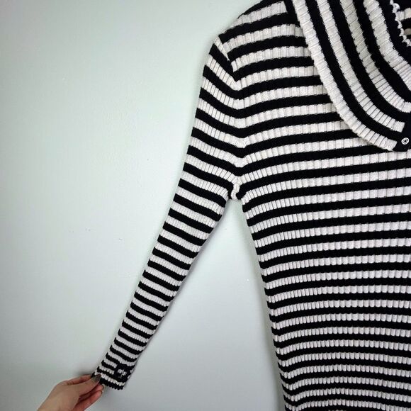 Margaret O'Leary Black & White Striped Snap Turtleneck Top Lightweight Sweater L - Picture 6 of 14